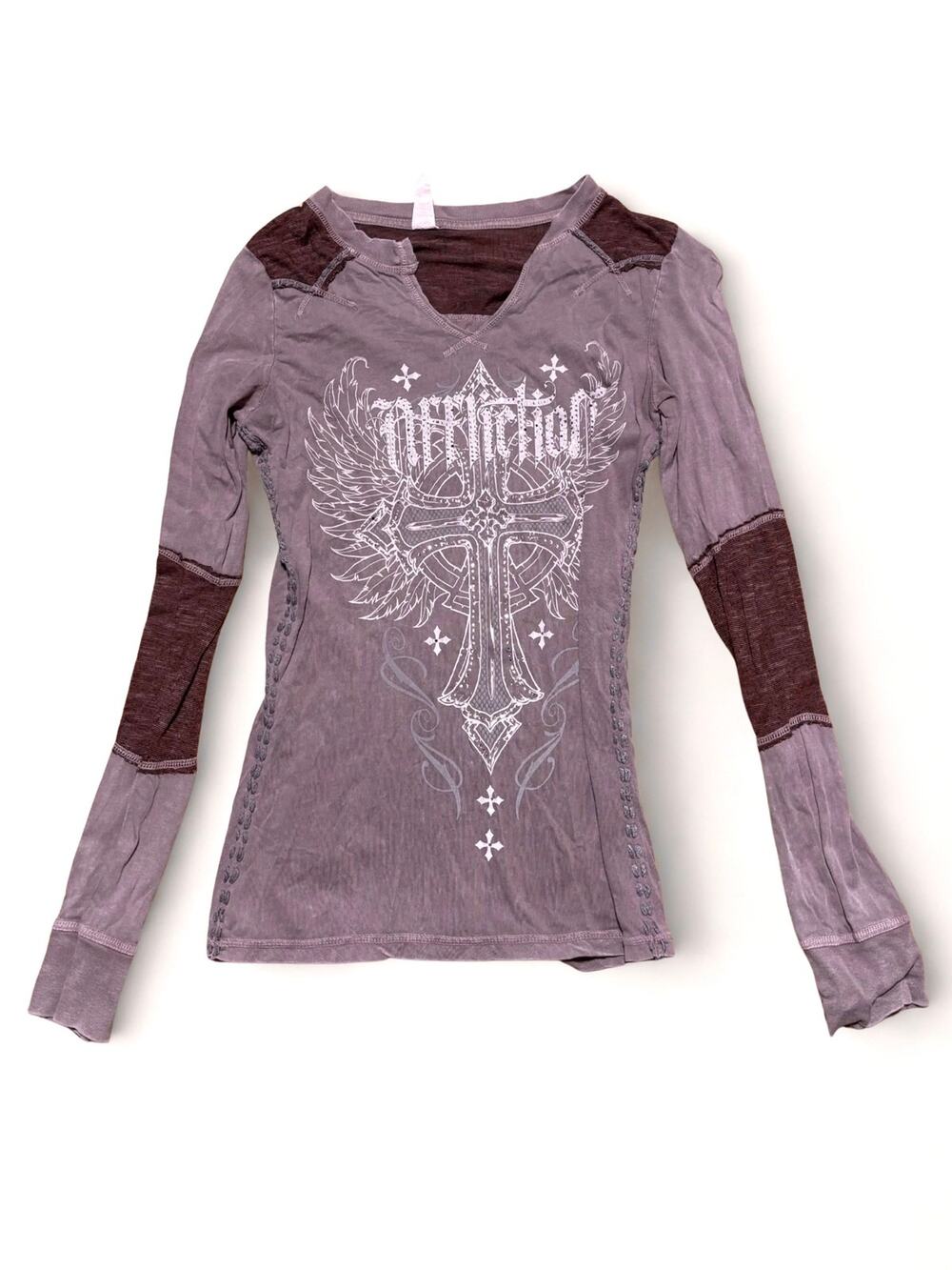 Vtg Y2K Affliction Mauve Brown Rhinestone Bedazzled Blue Lace Up Long Sleeve Tee